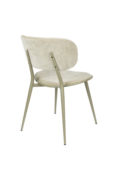 A contemporary dining chair featuring a slightly curved backrest and a seat cushion. The chair has a metal frame with four tapered legs. Both the backrest and the seat are upholstered in a textured, light beige fabric. The frame has a matte, olive-green finish. — 3D model