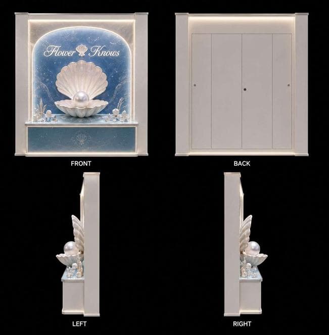 A highly decorative wardrobe or display cabinet featuring an arched niche with a seashell and pearl motif, integrated lighting, and a lower storage compartment, presented from front, back, left, and right views. — 3D model