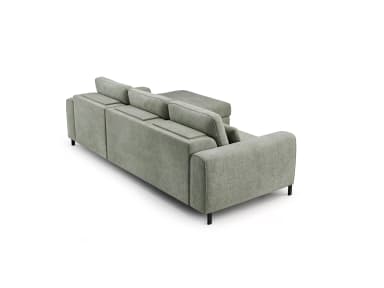 A sectional sofa with a chaise lounge extension. It features upholstered cushions for the seat and back, with additional throw pillows. The sofa is supported by dark, low-profile legs. — 3D model