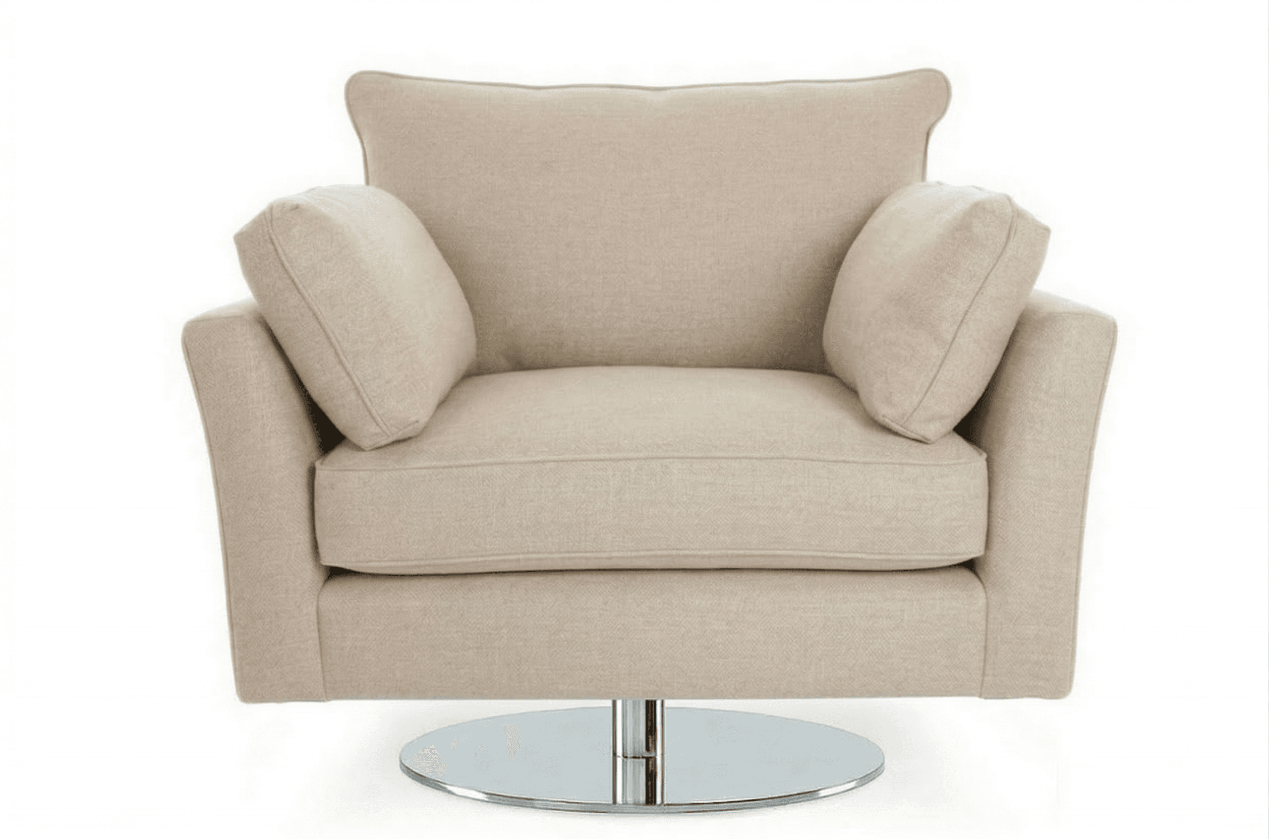 A contemporary armchair upholstered in a textured, light beige fabric. It features a plush seat cushion, a high backrest, and two square accent pillows. The armchair is supported by a round, polished chrome swivel base. — 3D model