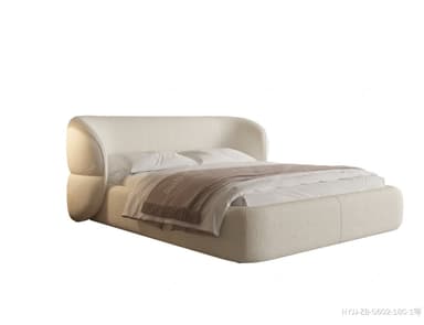 A contemporary upholstered platform bed featuring a distinctive, softly curved headboard that seamlessly integrates with the side rails, all covered in a light beige, textured fabric. — 3D model