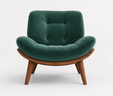A contemporary lounge chair featuring a deep green velvet upholstery and a curved wooden frame. The seat and backrest are plush, with subtle button tufting, providing a comfortable and inviting aesthetic. The wooden base is made of a warm-toned wood, possibly walnut, and features splayed, tapered legs. The design combines elements of mid-century modern style with a luxurious velvet finish. — 3D model