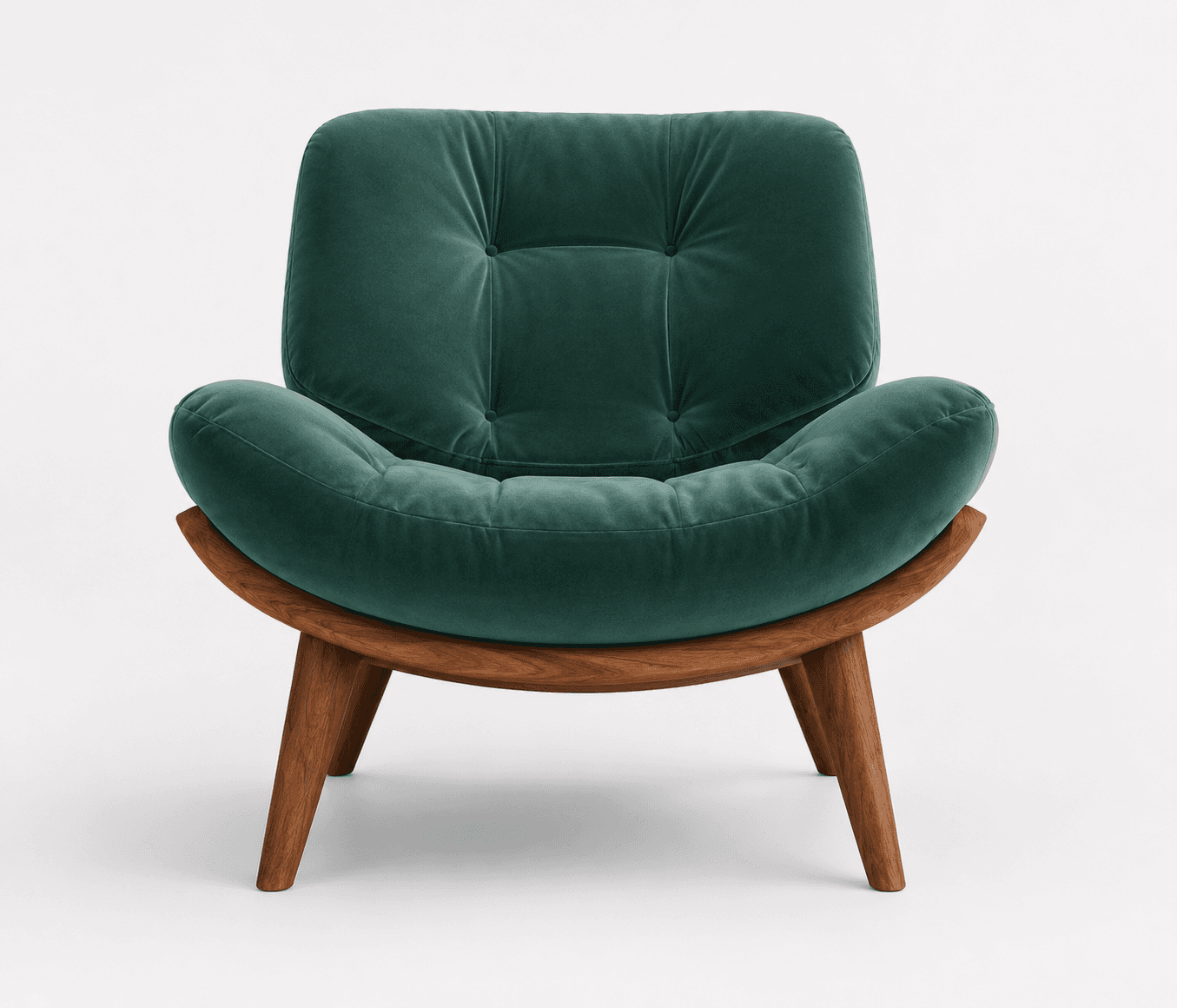 A contemporary lounge chair featuring a deep green velvet upholstery and a curved wooden frame. The seat and backrest are plush, with subtle button tufting, providing a comfortable and inviting aesthetic. The wooden base is made of a warm-toned wood, possibly walnut, and features splayed, tapered legs. The design combines elements of mid-century modern style with a luxurious velvet finish. — 3D model