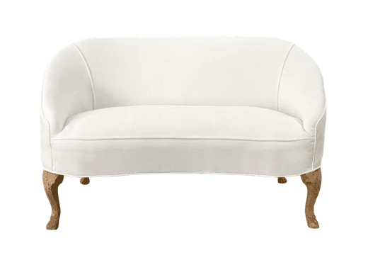 A small, white upholstered settee or loveseat featuring a continuous curved backrest and armrests, supported by four ornately carved wooden cabriole legs in a French Provincial style. — 3D model