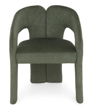 An upholstered accent chair in a dark olive green fabric, featuring a distinctive sculptural form with a split backrest and integrated, gently curved arms. The entire structure, including the legs and base, is fully upholstered, creating a seamless, monochromatic appearance. — 3D model