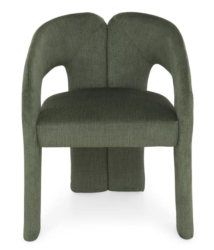 An upholstered accent chair in a dark olive green fabric, featuring a distinctive sculptural form with a split backrest and integrated, gently curved arms. The entire structure, including the legs and base, is fully upholstered, creating a seamless, monochromatic appearance. — 3D model