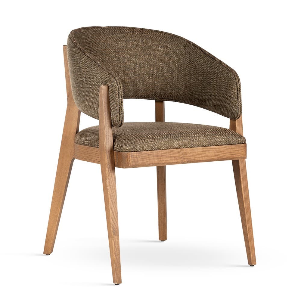An upholstered armchair featuring a solid wood frame and legs, with a curved backrest that seamlessly integrates into the armrests. The seat and back are covered in a textured brown fabric. — 3D model