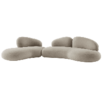 A contemporary modular sectional sofa featuring an organic, biomorphic design with soft, rounded contours. The sofa appears to be composed of two distinct sections that can be arranged to form a larger seating unit. It is fully upholstered in a light beige or greige fabric, emphasizing its plush and inviting aesthetic. The design is low-profile with no visible legs, creating a continuous, floating appearance. — 3D model