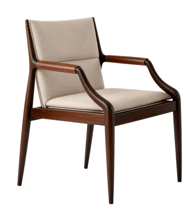 A sophisticated armchair featuring a sculpted dark wood frame with an upholstered seat and back. The design showcases elegant curves, tapered legs, and distinctive padded armrests, reflecting a Mid-Century Modern aesthetic. — 3D model