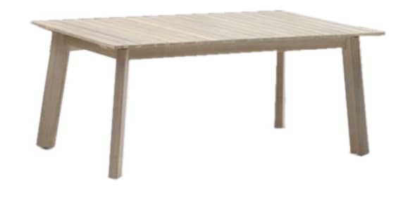 A light-colored rectangular dining table with a slatted wooden tabletop and four sturdy, tapered legs. The design is clean and contemporary, suggesting versatility for various dining environments. — 3D model