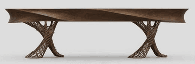 A striking console table featuring a dark wood tabletop with a wavy, perforated apron, supported by two intricate, sculptural bases made from a bronze-toned metal. — 3D model