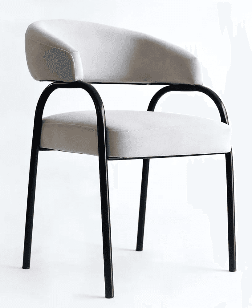 An elegant, modern dining chair featuring a light gray upholstered seat and a curved backrest with integrated armrests, all supported by a slender black tubular metal frame. — 3D model