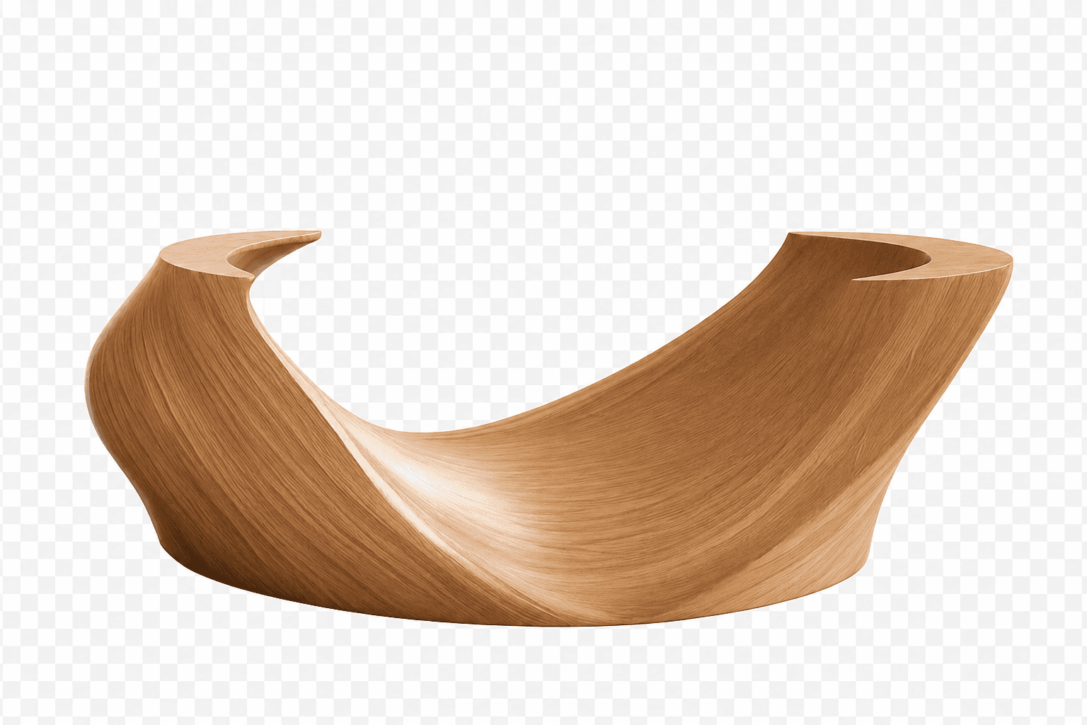 A sculptural object made from light-colored wood, featuring fluid, sinuous curves that create a wave-like or ribbon-like form. The surface exhibits a distinct wood grain pattern. — 3D model