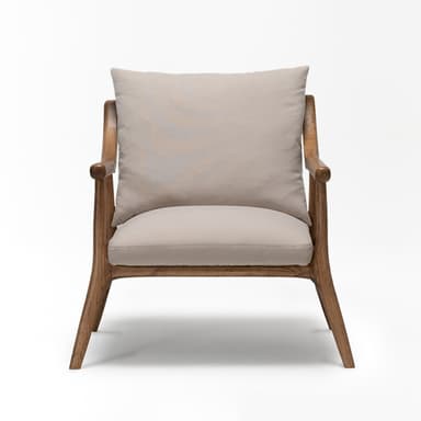 A modern lounge chair featuring a sturdy oak wood frame with gently curved armrests and tapered legs. The seat and backrest are fitted with thick, removable cushions upholstered in a light beige or grey fabric, providing a comfortable and inviting aesthetic. The design emphasizes clean lines and organic shapes. — 3D model