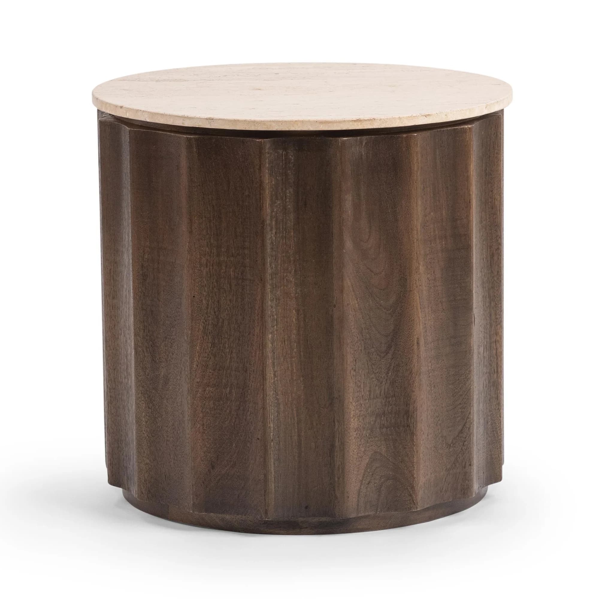 A cylindrical end table featuring a fluted wooden base and a smooth, round travertine top. The wooden base has a dark brown finish with visible grain patterns, and the fluting creates a ribbed effect around its circumference. The top appears to be made of a light-colored stone, possibly marble or travertine, with a slightly textured surface. — 3D model