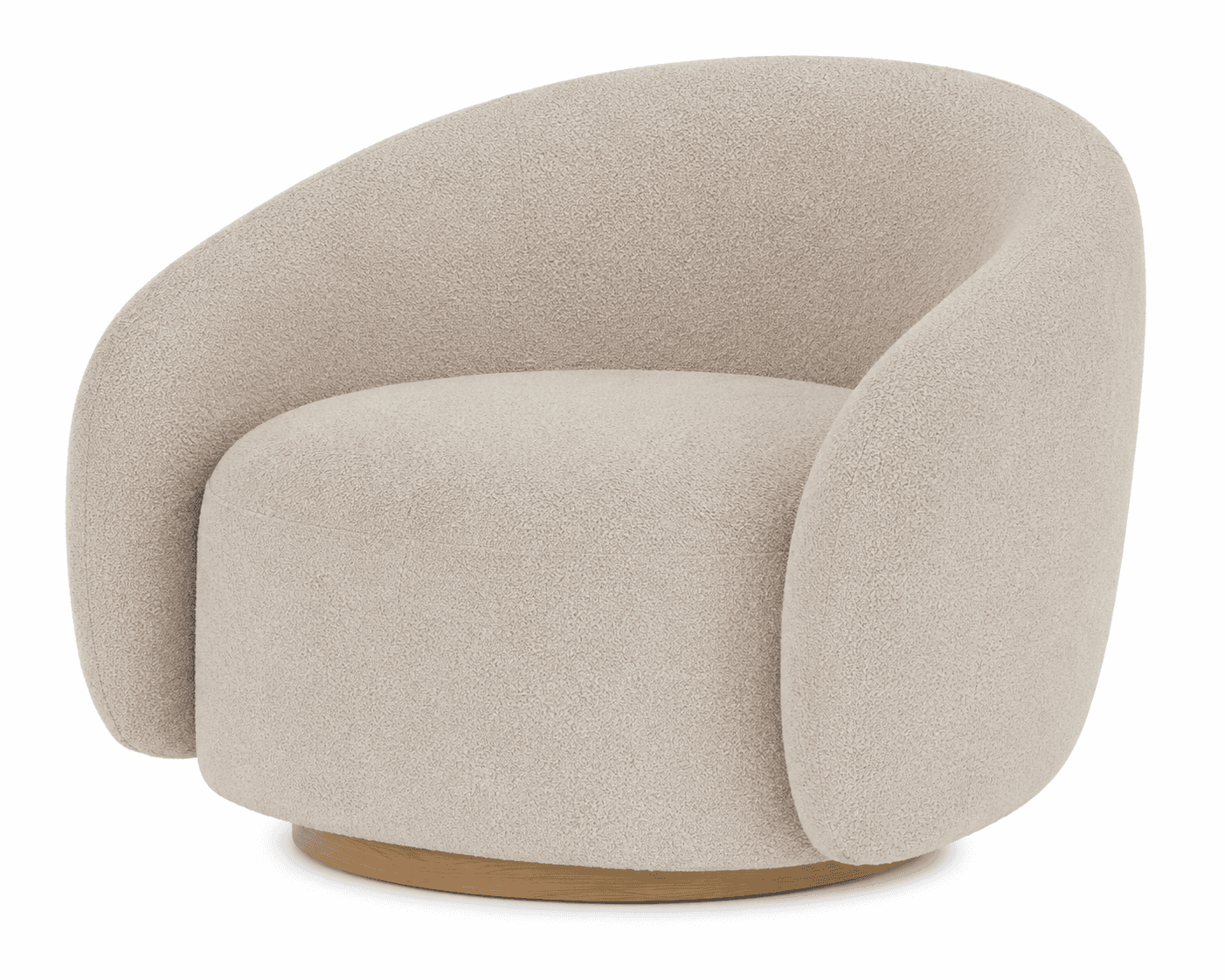 A contemporary, fully upholstered swivel accent chair featuring a rounded barrel-back design. The chair is covered in a cream-colored, textured boucle fabric and sits on a recessed circular wooden plinth base, allowing for 360-degree rotation. Its form is soft, organic, and inviting, with plush cushioning visible on the seat. — 3D model