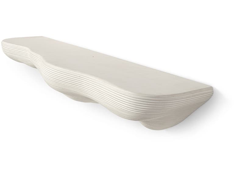An off-white, sculptural wall-mounted shelf featuring a distinct wavy and undulating form along its underside. The surface below the flat top is covered with fine horizontal ridges, giving it a textured appearance. The shelf appears to be made from concrete or a similar cast material, and it is designed to be seamlessly affixed to a wall, giving it a floating aesthetic. The ends are softly rounded. — 3D model