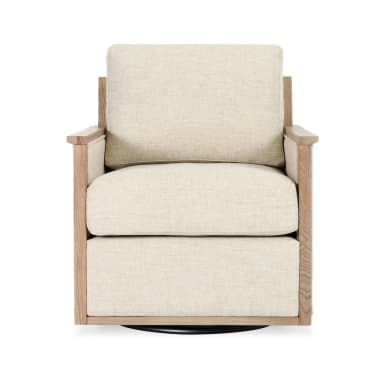A modern accent chair with a wooden frame and upholstered seat and back cushions. The chair features a square silhouette with integrated armrests and a swivel base. The upholstery is a textured, light-colored fabric. The visible wood grain suggests a natural finish. — 3D model