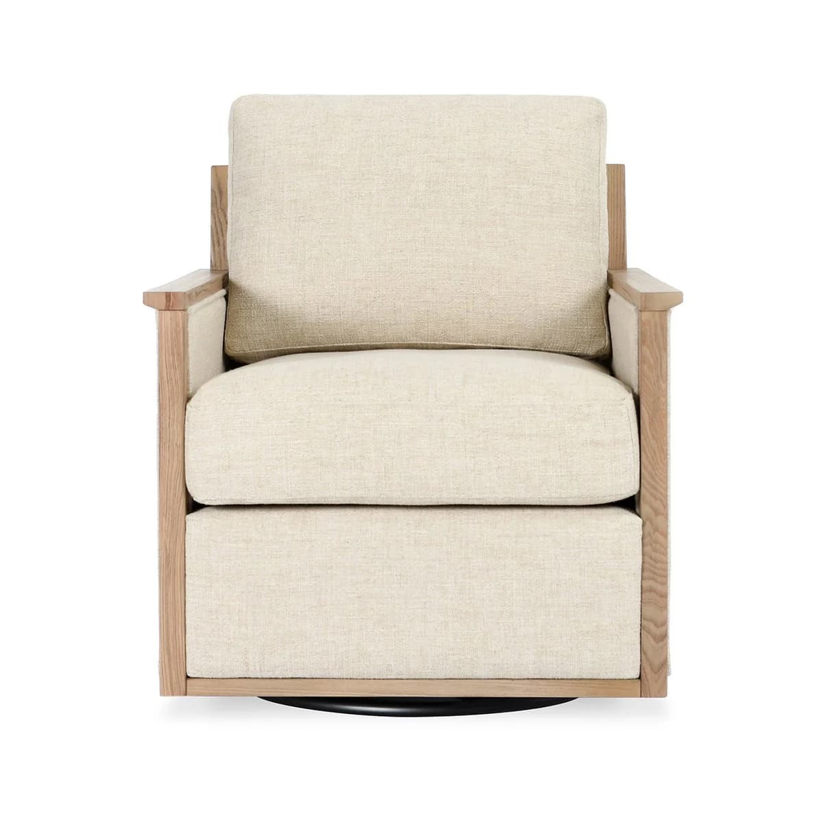 A modern accent chair with a wooden frame and upholstered seat and back cushions. The chair features a square silhouette with integrated armrests and a swivel base. The upholstery is a textured, light-colored fabric. The visible wood grain suggests a natural finish. — 3D model