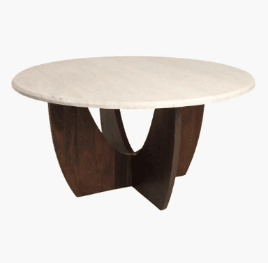 A round coffee table with a textured, off-white marble or stone top supported by a dark wood base. The base features a sculptural, intersecting design with curved elements that create an open, organic form. — 3D model