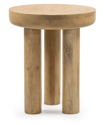 A light-colored, solid wood stool featuring a thick, circular seat and three robust, cylindrical legs. The wood displays a natural grain, and the design is minimalist and organic. — 3D model