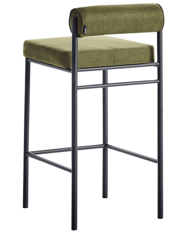A pair of contemporary industrial bar stools featuring black metal frames and olive green upholstered seats and backrests. Each stool has a square upholstered seat cushion and a distinct cylindrical upholstered backrest. The minimalist metal frame includes integrated footrests for comfort and stability. — 3D model