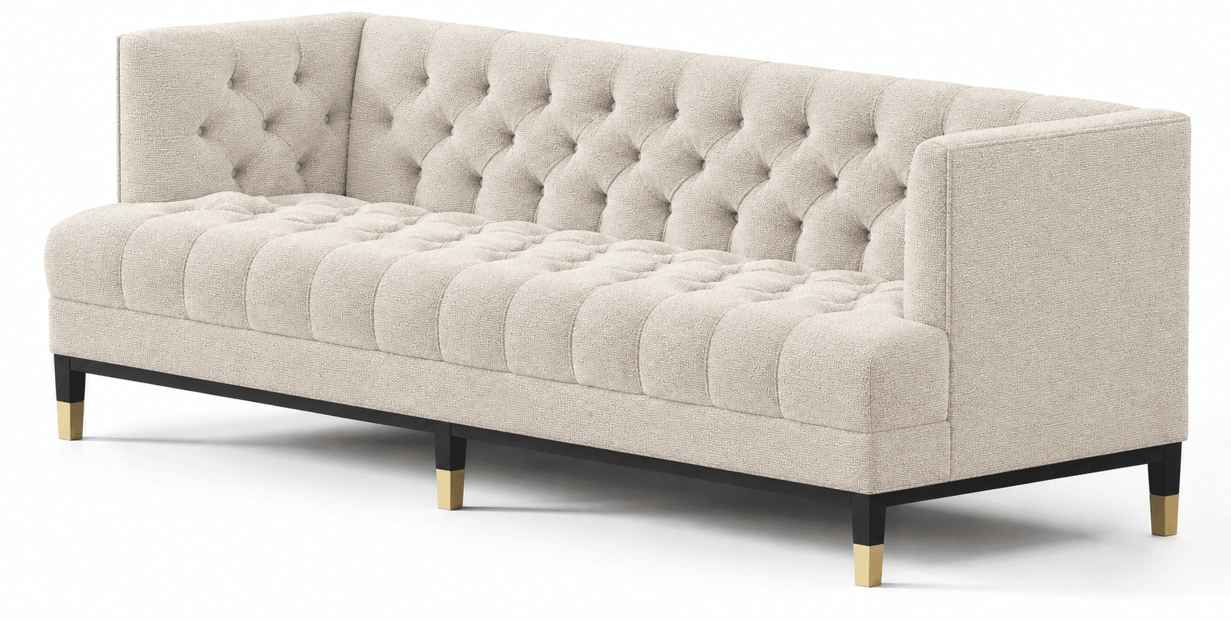 A contemporary three-seat sofa featuring deep button tufting on both the backrest and seat. It is upholstered in a light beige, textured fabric with clean-lined track arms. The sofa sits on a dark-finished exposed wooden base, supported by four tapered legs that are capped with polished brass accents. — 3D model
