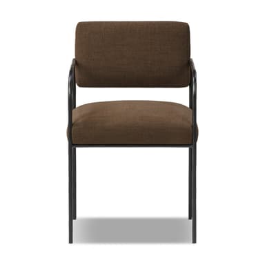 A modern dining armchair featuring a brown upholstered seat and backrest, supported by a sleek black metal frame that extends to form open armrests and legs. The design is minimalist and contemporary. — 3D model
