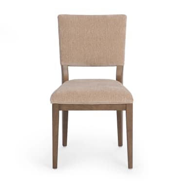 A dining chair with a fabric-upholstered seat and backrest. The chair features a wooden frame with four tapered legs. The backrest has a slightly curved top and is supported by wooden uprights that extend from the seat frame. The seat is square-shaped and upholstered. — 3D model
