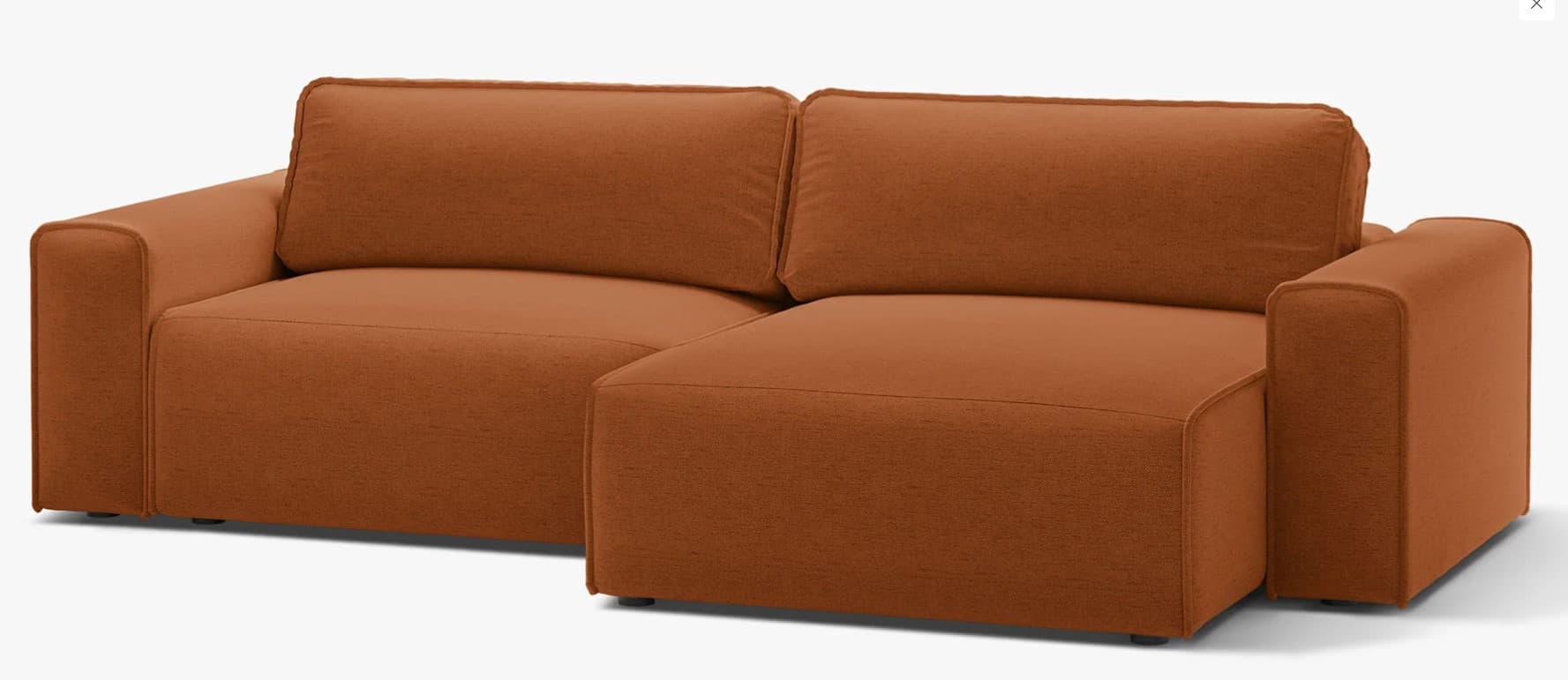A modern sectional sofa featuring a two-seater segment and a chaise lounge, upholstered in a textured rust-colored fabric. It has wide, gently rounded arms, thick seat cushions, and plush back cushions, all supported by a low-profile base with discreet feet. — 3D model