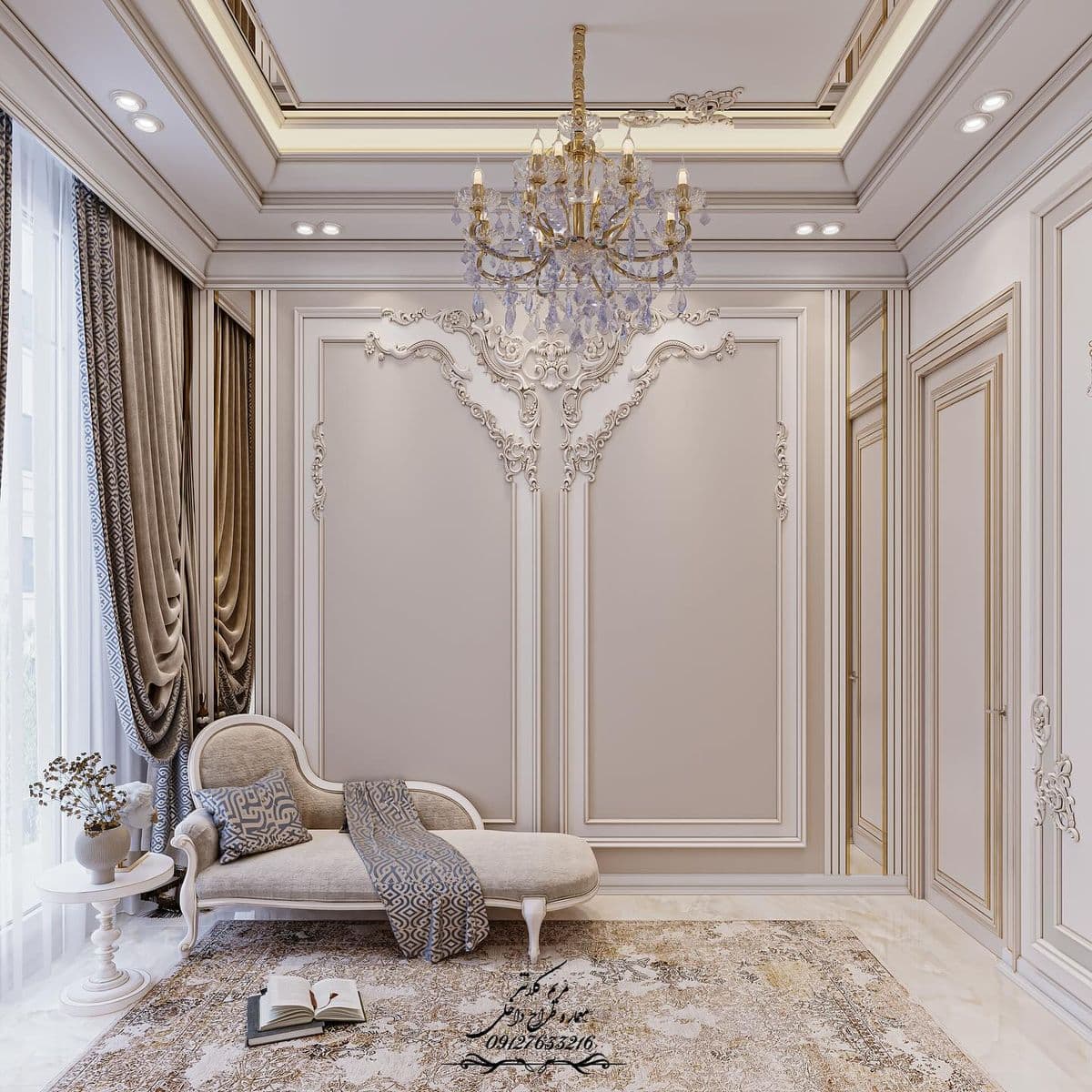 An elegant French Provincial style chaise lounge upholstered in light beige fabric, featuring a rolled backrest, carved wooden trim, and cabriole legs. It is accompanied by a small white pedestal table with a vase of dried flowers, a decorative patterned cushion, a throw blanket, and two books. — 3D model