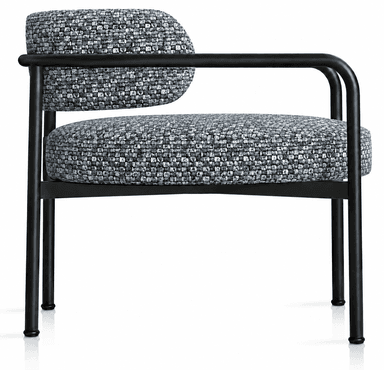 An armless accent chair featuring a minimalist black metal frame and two distinct, rounded cushions upholstered in a textured grey and blue fabric. The seat and back cushions are separate, providing a clean, modern aesthetic. The legs are slender, cylindrical, and equipped with black glides. — 3D model