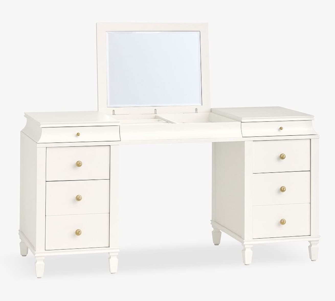A white wooden dressing table featuring two drawer pedestals, a central desk area, and a flip-top mirror that reveals internal storage compartments. The table is finished in a clean white paint and accented with small brass knob pulls on the drawers. It is supported by short, tapered legs, presenting a classic and functional design. — 3D model