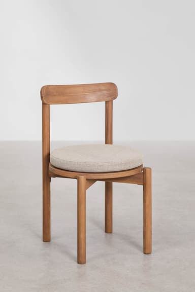 A wooden chair with a curved backrest and a circular upholstered seat. The chair features a minimalist design with four cylindrical legs and a circular wooden base supporting the seat. — 3D model