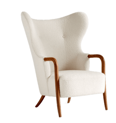 A high-backed wingback armchair upholstered in a textured boucle fabric, featuring exposed curved wooden armrests and tapered wooden legs. — 3D model