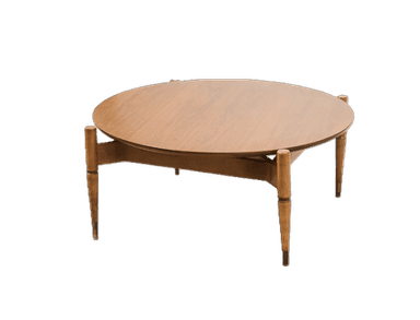A round coffee table with a light brown wooden top and four tapered legs. The legs have a decorative band and brass-colored caps at the base. The table has a mid-century modern aesthetic. — 3D model