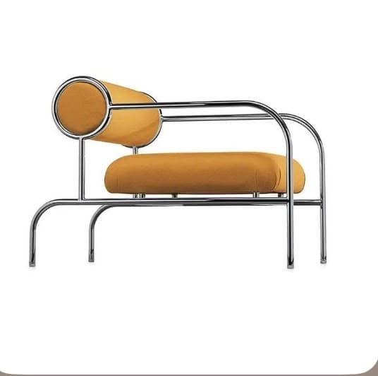 A modern lounge chair featuring a continuous tubular chrome frame and ochre-colored upholstered cushions, including a cylindrical bolster backrest and a rectangular seat pad. The design is characterized by its clean lines and exposed metal structure. — 3D model