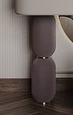 A modern floor lamp featuring a unique stacked capsule design. It consists of two elongated, rounded, cylindrical segments, one positioned directly atop the other. Both segments are covered in a dark mauve, matte, fabric-like material. A slender metallic ring separates the two capsules, and the base is a flat, circular metallic disc. — 3D model