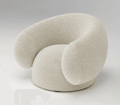 A modern, sculptural armchair upholstered in light-colored boucle fabric. It features a continuous, rounded form that integrates the back and arms, creating an enveloping seat. The chair rests on a recessed circular base, suggesting a swivel mechanism. — 3D model