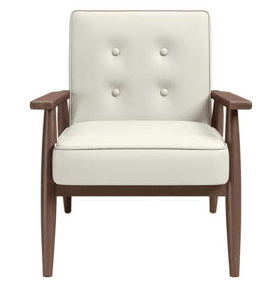 A mid-century modern style armchair featuring a dark wood frame, light-colored upholstered cushions, and button tufting on the backrest. — 3D model