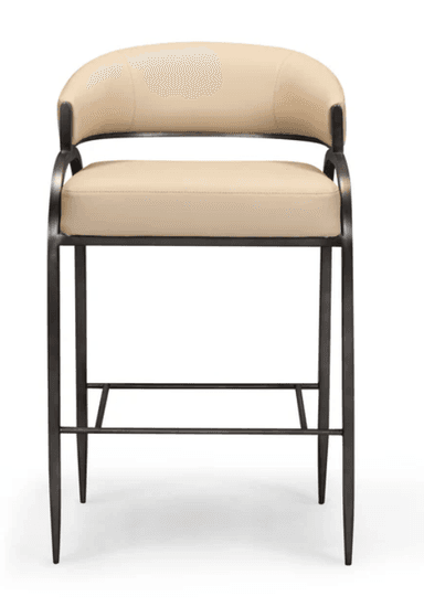 A contemporary bar stool featuring a beige upholstered seat and backrest with integrated armrests, set on a dark bronze or grey metal frame. The stool includes footrest bars for comfort and appears to have a swivel mechanism. The design is sleek and minimalist. — 3D model