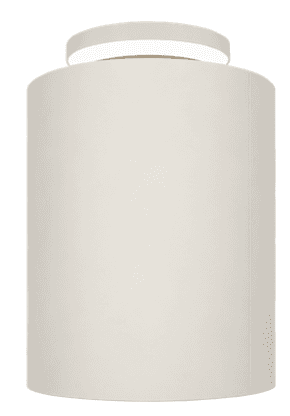 A modern, cylindrical flush mount ceiling light featuring an indirect up-light component. The main body is a large, off-white or light gray cylinder, with a distinct, thinner ring above it that emits light upwards towards the ceiling, creating an ambient glow. The design is minimalist and clean. — 3D model
