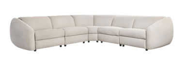 A large, light beige modular sectional sofa featuring a curved configuration and rounded end sections. The sofa is upholstered in a textured fabric and rests on low-profile black feet, suggesting a contemporary and adaptable seating solution. — 3D model
