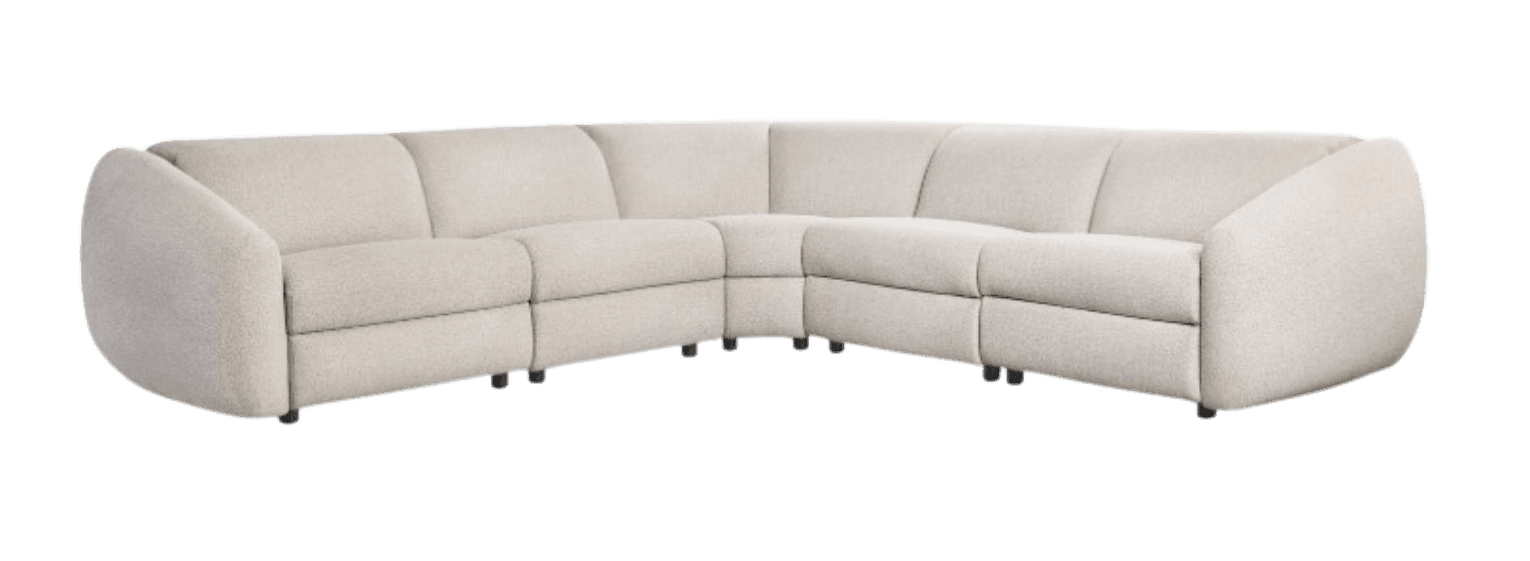 A large, light beige modular sectional sofa featuring a curved configuration and rounded end sections. The sofa is upholstered in a textured fabric and rests on low-profile black feet, suggesting a contemporary and adaptable seating solution. — 3D model