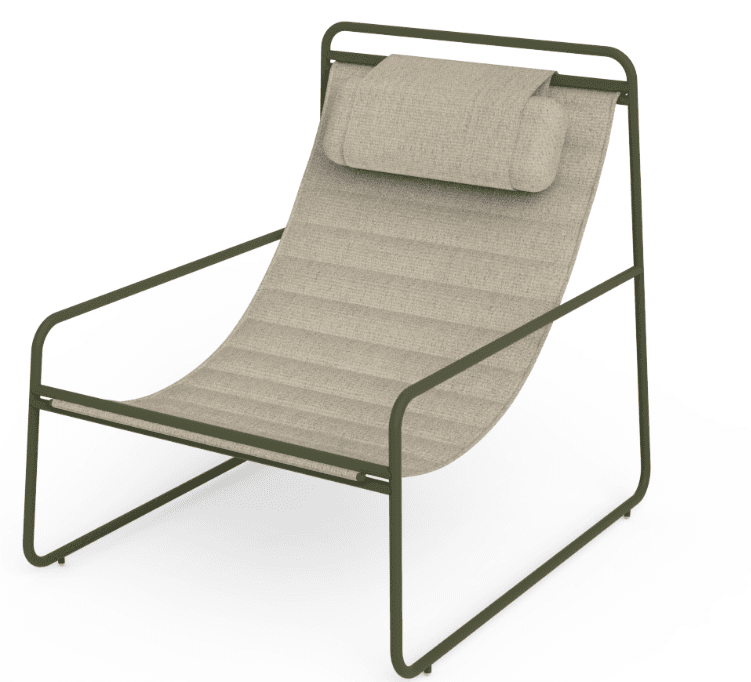 A modern lounge chair featuring a simple, olive green tubular metal frame and a suspended light beige fabric sling seat and back. It includes a matching cylindrical headrest cushion attached to the top rail. — 3D model