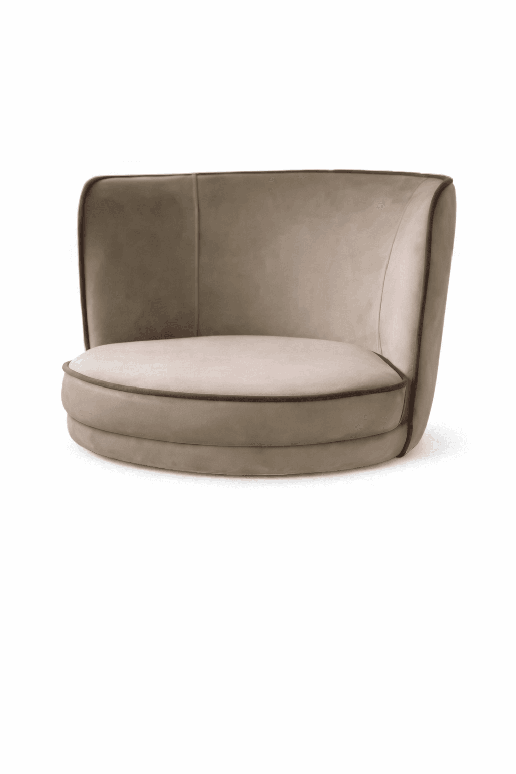 A contemporary armchair with a curved back and a rounded seat. The armchair features a thick, upholstered base and is outlined with a contrasting dark piping along the edges of the seat cushion and the backrest. — 3D model