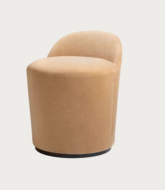 A cylindrical stool with a rounded backrest. The seat and back are upholstered in a soft fabric, and the base is a dark, solid disc. — 3D model