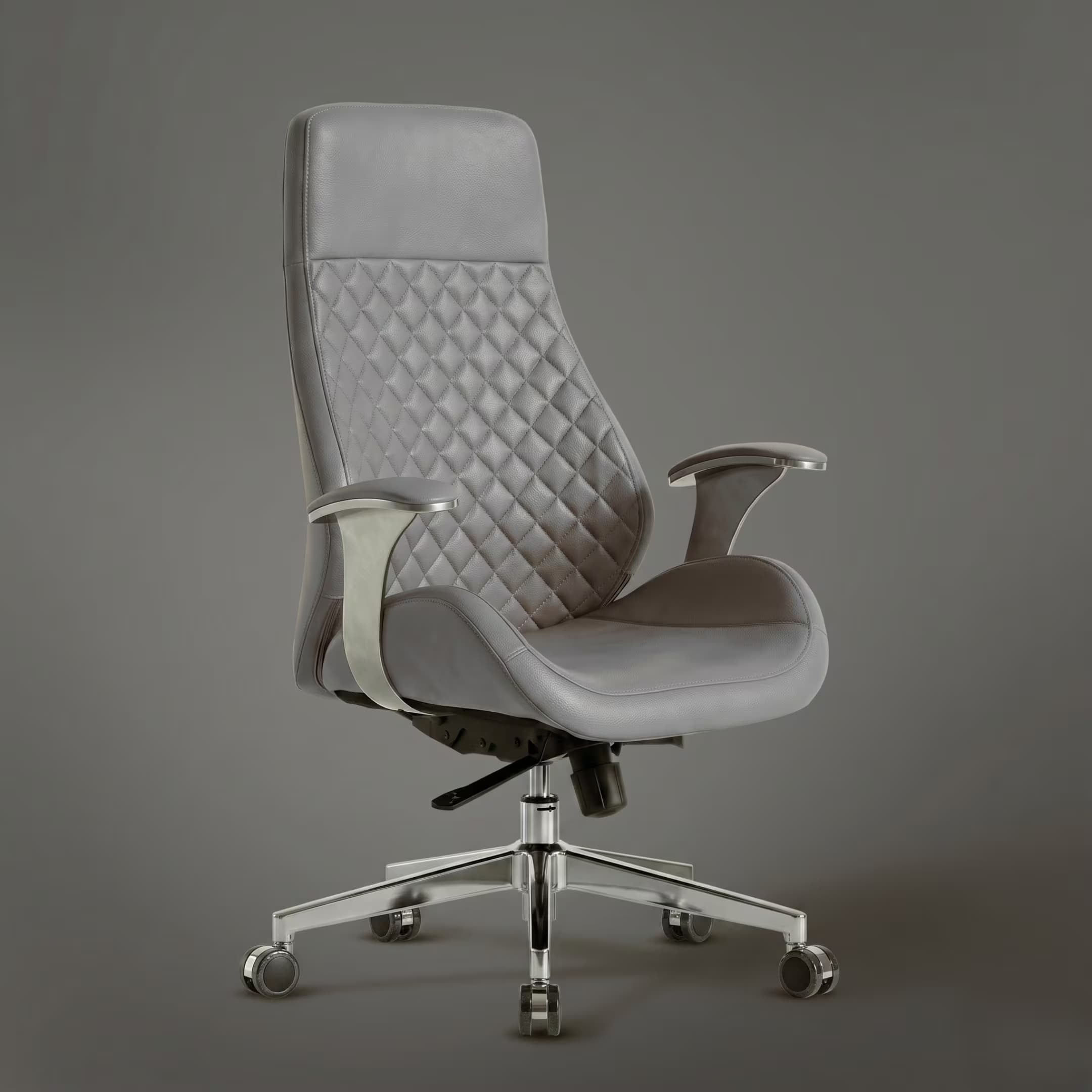 A sophisticated high-back executive office chair featuring light grey quilted leather upholstery and polished chrome accents. The chair includes a five-star base with casters and integrated padded armrests. — 3D model