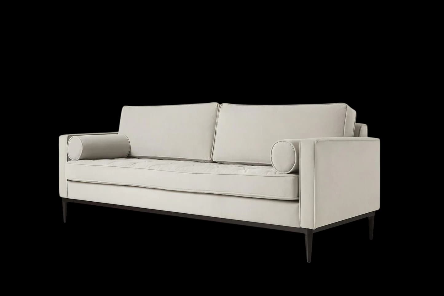 A contemporary two-seater loveseat featuring light beige fabric upholstery, clean lines, and a minimalist design. It includes two seat cushions, two back cushions, and two cylindrical bolster pillows. The sofa is supported by a slender, dark-finished metal frame with tapered legs. — 3D model