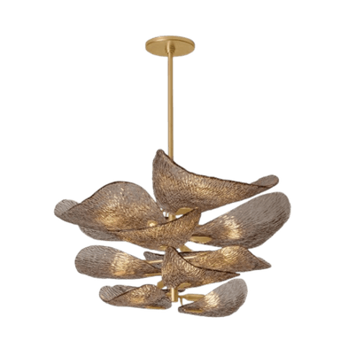 A multi-tiered chandelier with a central brass-colored stem and canopy. The chandelier features multiple layers of petal-like diffusers made of textured, translucent material in a warm, amber-brown hue. The diffusers are arranged in a staggered, organic pattern, giving the impression of a blooming flower or cascading leaves. Each diffuser is illuminated from within, casting a warm glow. — 3D model